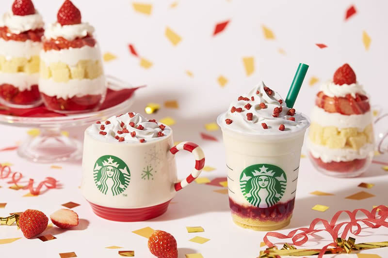 スターバックス クリスマスビバレッジ「メリーストロベリー ケーキ フラペチーノ」「メリーストロベリー ケーキ ミルク」