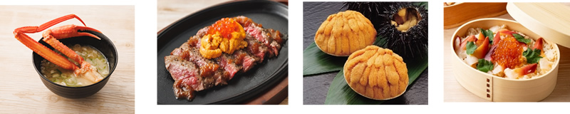 カニミソ入りカニ汁 福島牛ステーキのウニとイクラのせ うに貝焼き ほっき飯