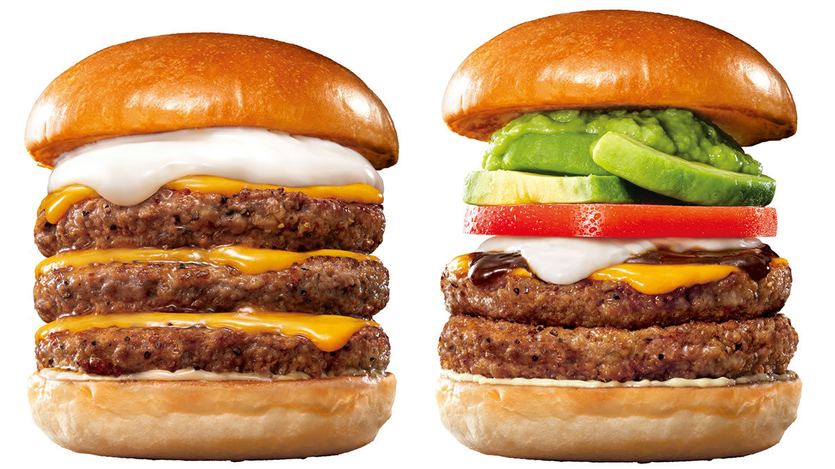   左「トリプル絶品チーズバーガー」、右「ダブル アボカド絶品チーズバーガー」