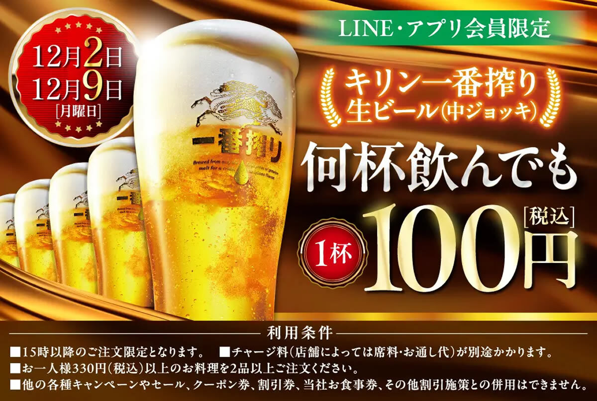 居酒屋 白木屋・笑笑「生ビール1杯100円セール」