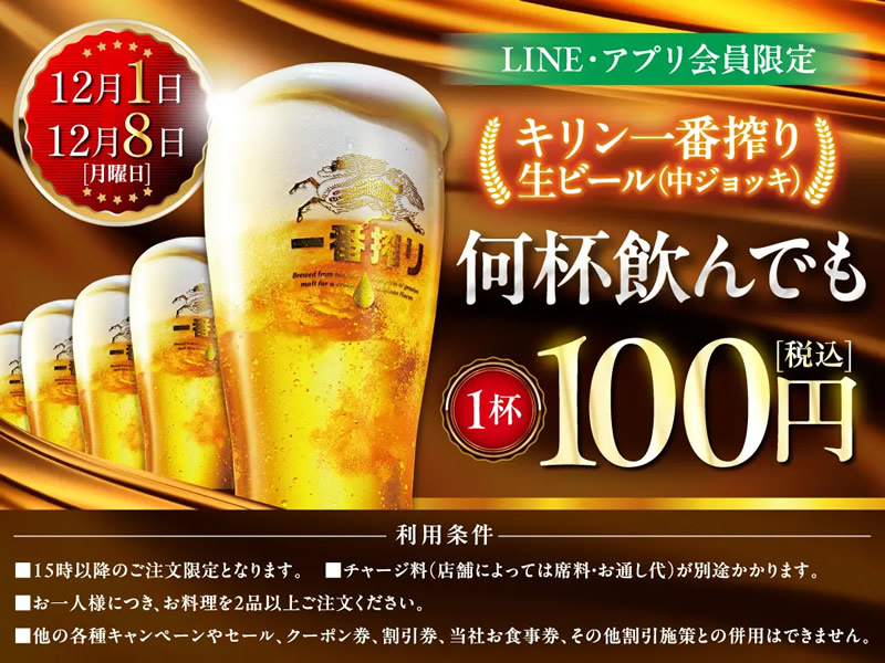 居酒屋 白木屋・笑笑「生ビール1杯100円セール」