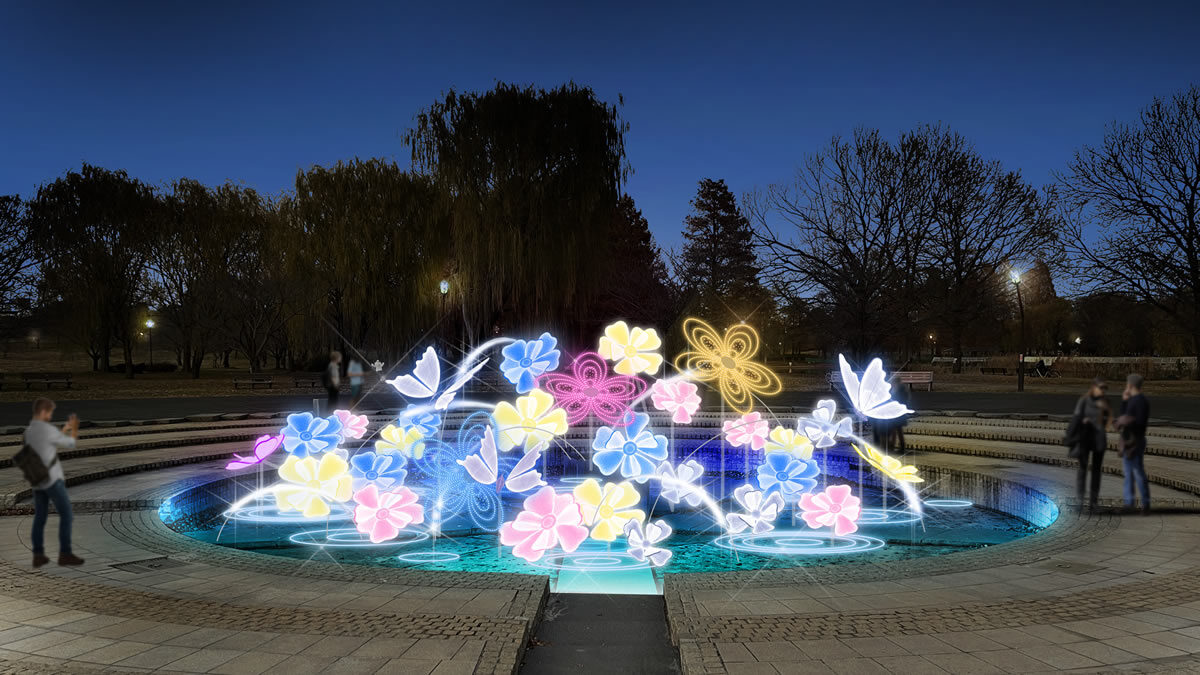 花と蝶のひかり舞う泉