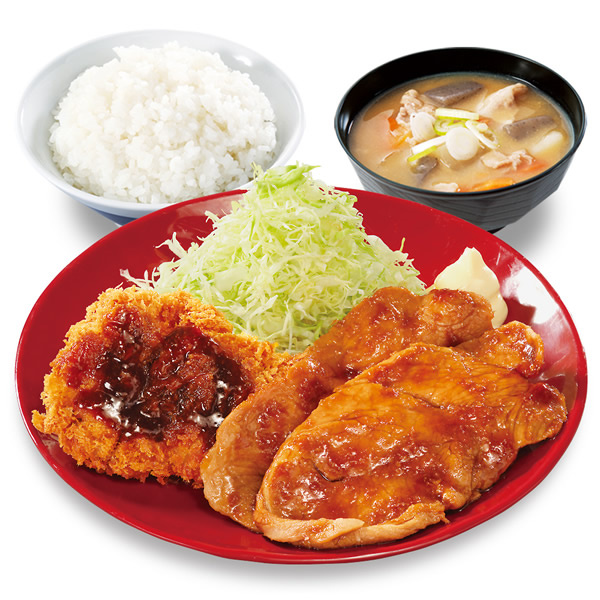 大判豚の生姜焼きとチキンカツの合い盛り