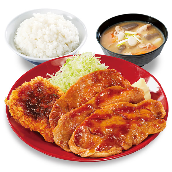 大判豚の生姜焼きとチキンカツの合い盛り